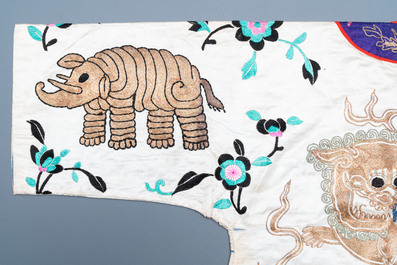 A Chinese gilt-metal embroidered silk 'animals' children's robe, 19/20th C.