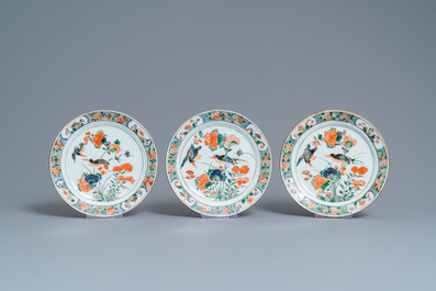A Chinese famille verte dish and six plates, Kangxi
