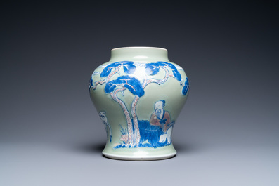 A Chinese blue, white and copper-red celadon-ground vase, Kangxi