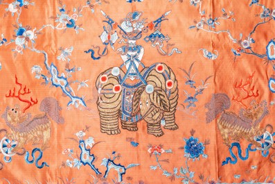 Three Chinese embroidered silk panels with elephants and buddhist lions, 19th C.