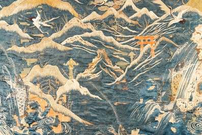 A large Japanese silk embroidery with Mount Fuji, cranes and carps, Meiji, 19th C.
