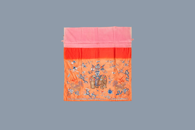 Three Chinese embroidered silk panels with elephants and buddhist lions, 19th C.
