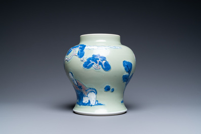 A Chinese blue, white and copper-red celadon-ground vase, Kangxi