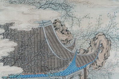Chinese school, ink and color on silk: 'Two scenes with ladies near a river', 19th C.