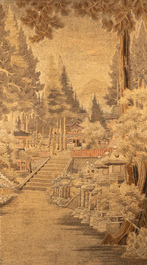 Drie grote Japanse geborduurde zijden panelen, Meiji, 19e eeuw