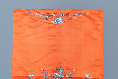 Three Chinese embroidered silk panels with elephants and buddhist lions, 19th C.