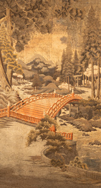 Drie grote Japanse geborduurde zijden panelen, Meiji, 19e eeuw