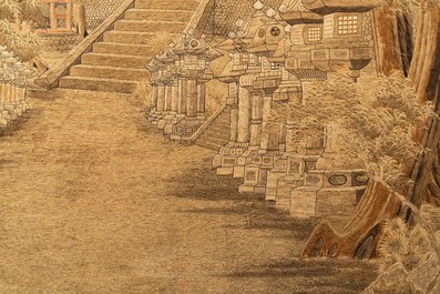 Drie grote Japanse geborduurde zijden panelen, Meiji, 19e eeuw