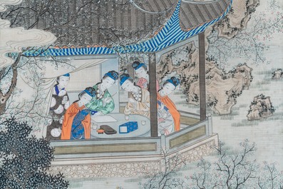 Chinese school, ink and color on silk: 'Two scenes with ladies near a river', 19th C.