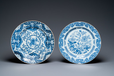 Three Chinese blue and white dishes and two bowls, Kangxi and later