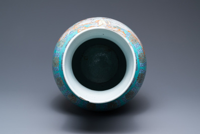 A fine Chinese turquoise-ground famille rose 'Shou' vase with immortals, Qianlong