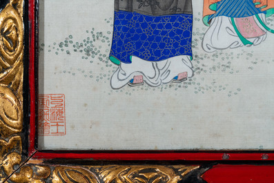 Chinese school, ink and color on silk: 'Two scenes with ladies near a river', 19th C.