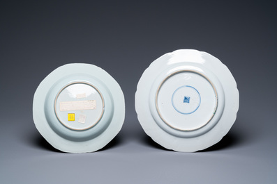 Two Chinese blue and white and famille verte dishes and two vases, Kangxi and later