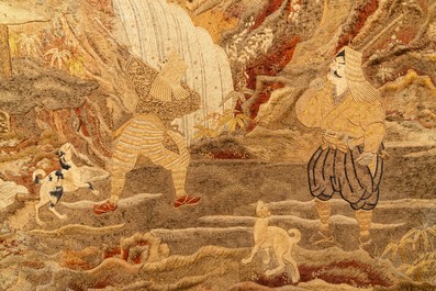 Drie grote Japanse geborduurde zijden panelen, Meiji, 19e eeuw