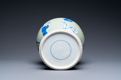 A Chinese blue, white and copper-red celadon-ground vase, Kangxi
