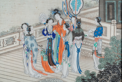 Chinese school, ink and color on silk: 'Two scenes with ladies near a river', 19th C.