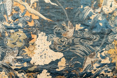 A large Japanese silk embroidery with Mount Fuji, cranes and carps, Meiji, 19th C.