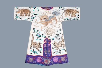 A Chinese gilt-metal embroidered silk 'animals' children's robe, 19/20th C.