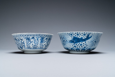 Three Chinese blue and white dishes and two bowls, Kangxi and later