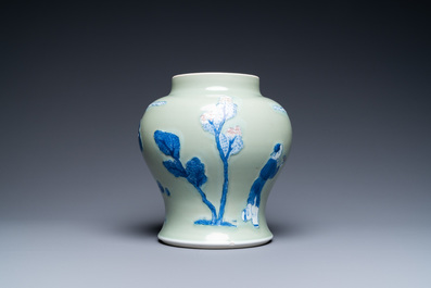 A Chinese blue, white and copper-red celadon-ground vase, Kangxi