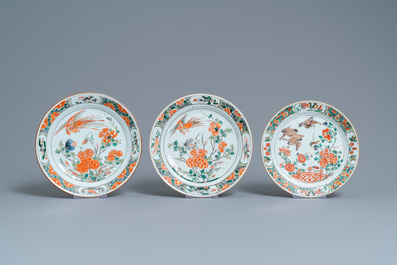A Chinese famille verte dish and six plates, Kangxi