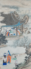 Chinese school, ink and color on silk: 'Two scenes with ladies near a river', 19th C.
