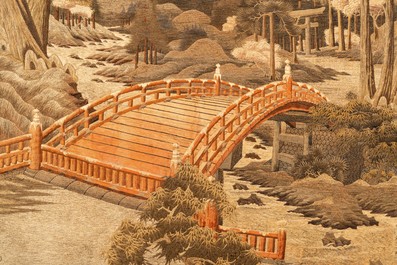 Drie grote Japanse geborduurde zijden panelen, Meiji, 19e eeuw