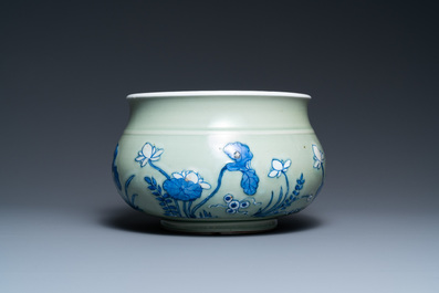 A Chinese blue and white celadon-ground censer, Kangxi