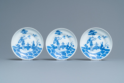 Six Chinese blue and white cups and saucers, 19th C.