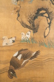 Chinese school, ink and color on silk: 'Landscape with birds', 17/18th C.
