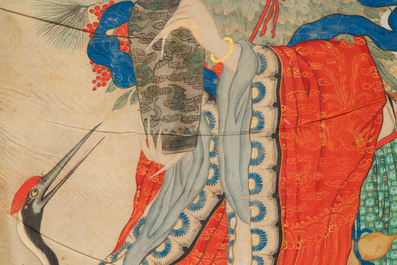 Chinese school, ink and color on silk: 'Magu with a crane', 18/19th C.