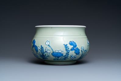A Chinese blue and white celadon-ground censer, Kangxi