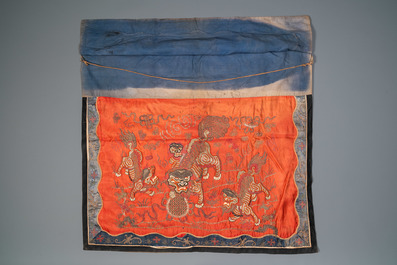 A Chinese gold thread-embroidered silk 'Buddhist lions' panel, 19th C.