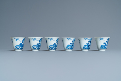 Six Chinese blue and white cups and saucers, 19th C.
