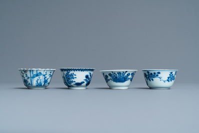 Negen Chinese blauw-witte en famille rose schotels en zes koppen, Kangxi/Qianlong
