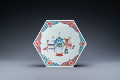 A Chinese famille rose hexagonal 'antiquities' stand, Yongzheng