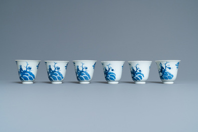 Six Chinese blue and white cups and saucers, 19th C.