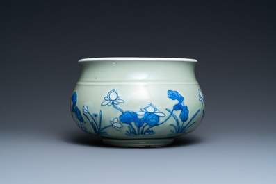 A Chinese blue and white celadon-ground censer, Kangxi