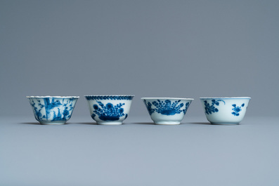 Negen Chinese blauw-witte en famille rose schotels en zes koppen, Kangxi/Qianlong