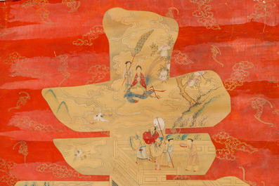 Chinese school, ink and color on paper: 'Shou painting with immortals', 19th C.