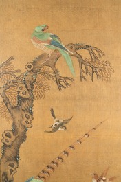 Chinese school, ink and color on silk: 'Landscape with birds', 17/18th C.