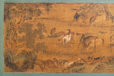 Ecole chinoise, encre et couleurs sur papier: 'Chevaux et leurs gardiens dans un paysage', Ming/Qing