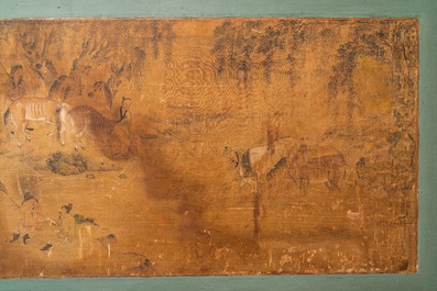 Ecole chinoise, encre et couleurs sur papier: 'Chevaux et leurs gardiens dans un paysage', Ming/Qing