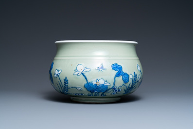 A Chinese blue and white celadon-ground censer, Kangxi