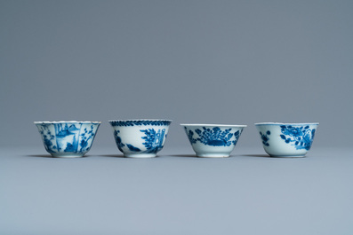 Negen Chinese blauw-witte en famille rose schotels en zes koppen, Kangxi/Qianlong