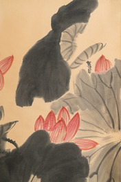Lou Shibai (1918-2010), encre et couleurs sur papier: 'Fleurs de lotus'