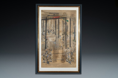 Chinese school, ink and color on silk: 'Palace scene with soldiers', Qing