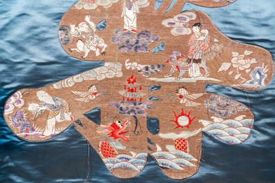 A Chinese embroidered silk 'Shou' panel with immortals, 19th C.