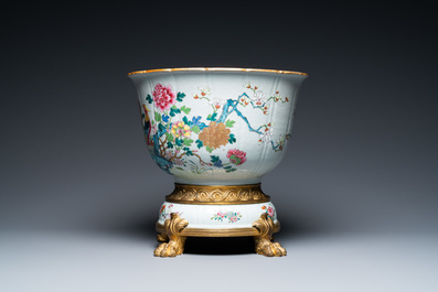 A Chinese famille rose jardini&egrave;re on ormolu bronze and porcelain stand, Qianlong