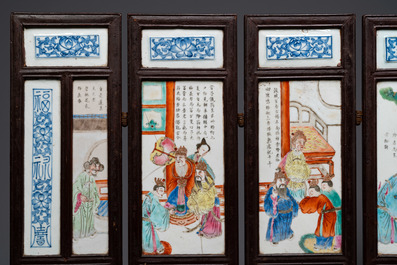 A Chinese five-fold wooden screen with famille rose plaques, 19th C.